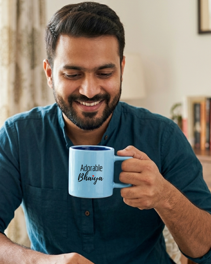 A smiling 30-year-old Indian man sitting at a table, holding a light blue ceramic coffee mug with the text "Adorable Bhaiya" printed on it. The background shows a warm, modern home interior.