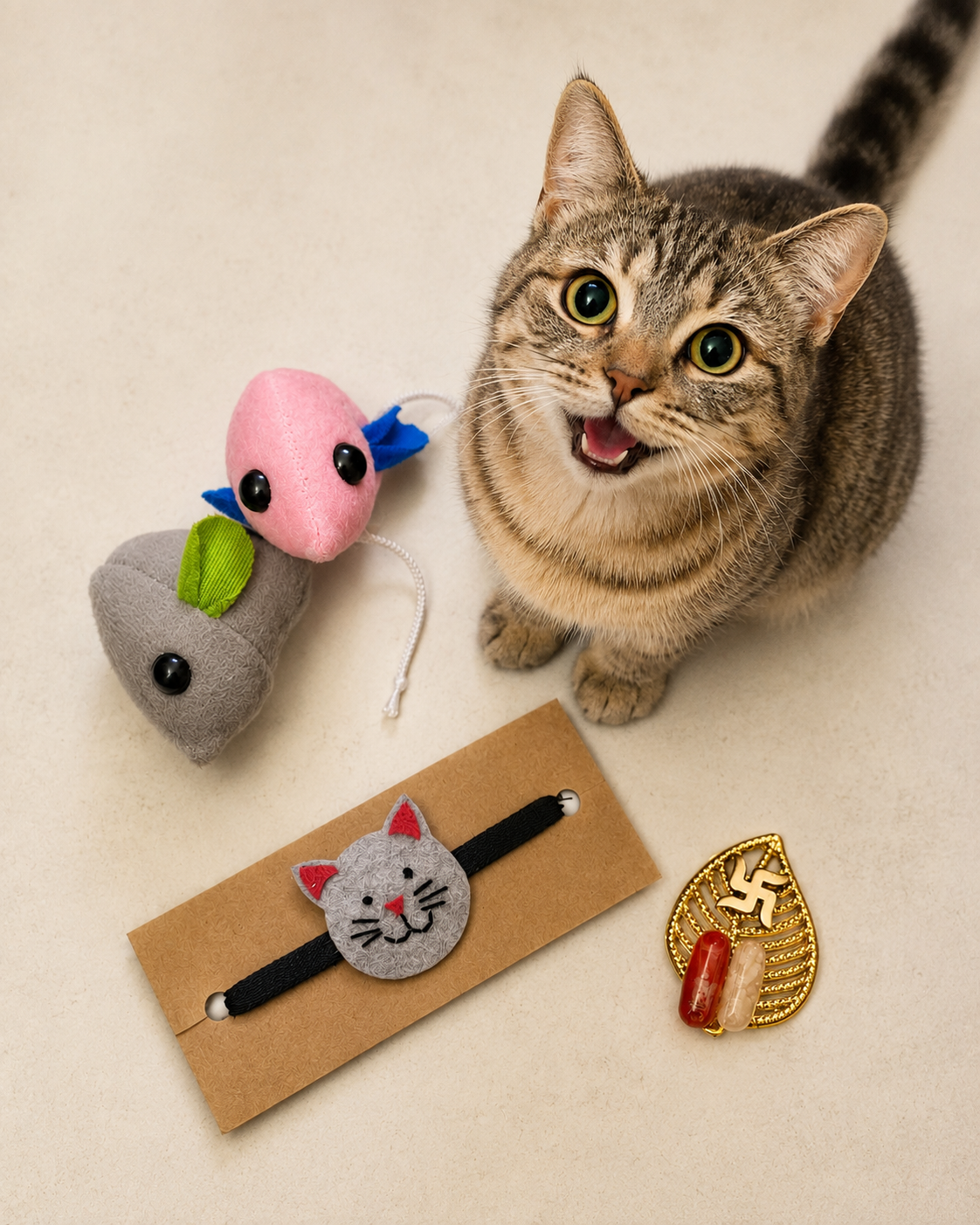 Whisker Wishes Cat Rakhi Set with Play Mice Toys