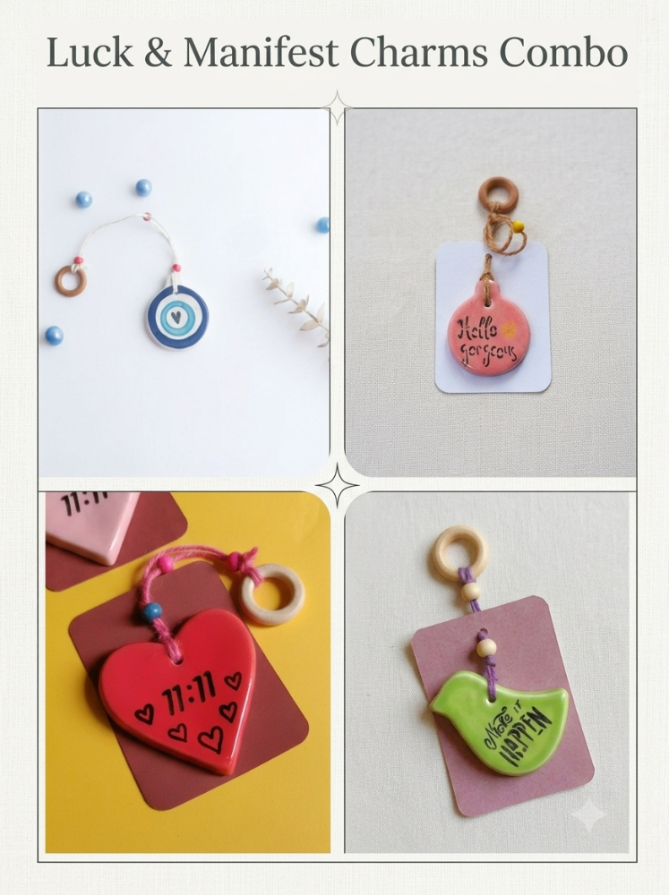 Set of 4 ceramic good luck charms including Evil Eye, Hello Gorgeous, Make a Wish 11:11 and Make It Happen handcrafted decor by Karigreh