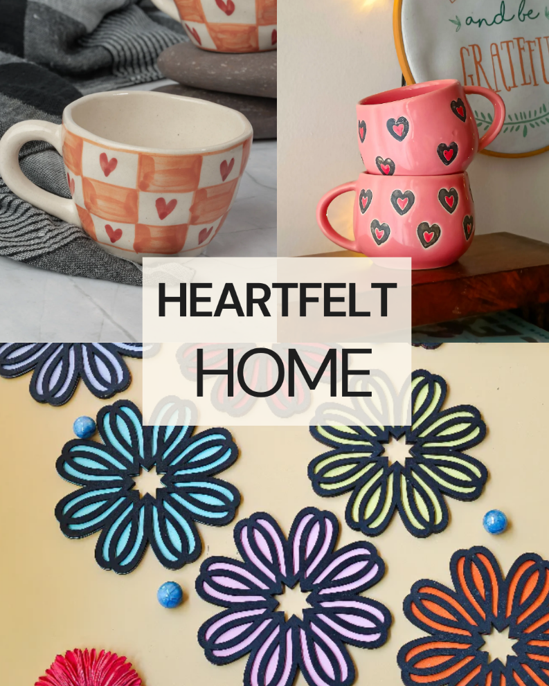 Gift bundle with checkered heart ceramic mug, pink sweetheart matka mug, and two colorful floral coasters arranged in a cozy lifestyle setting.