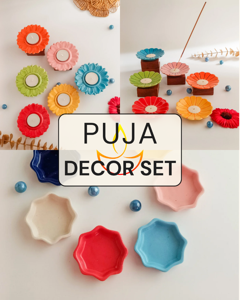 Handcrafted ceramic pooja decor set with colorful agarbatti stand, tealight holder and star diyas for home temple and festive decor by Karigreh