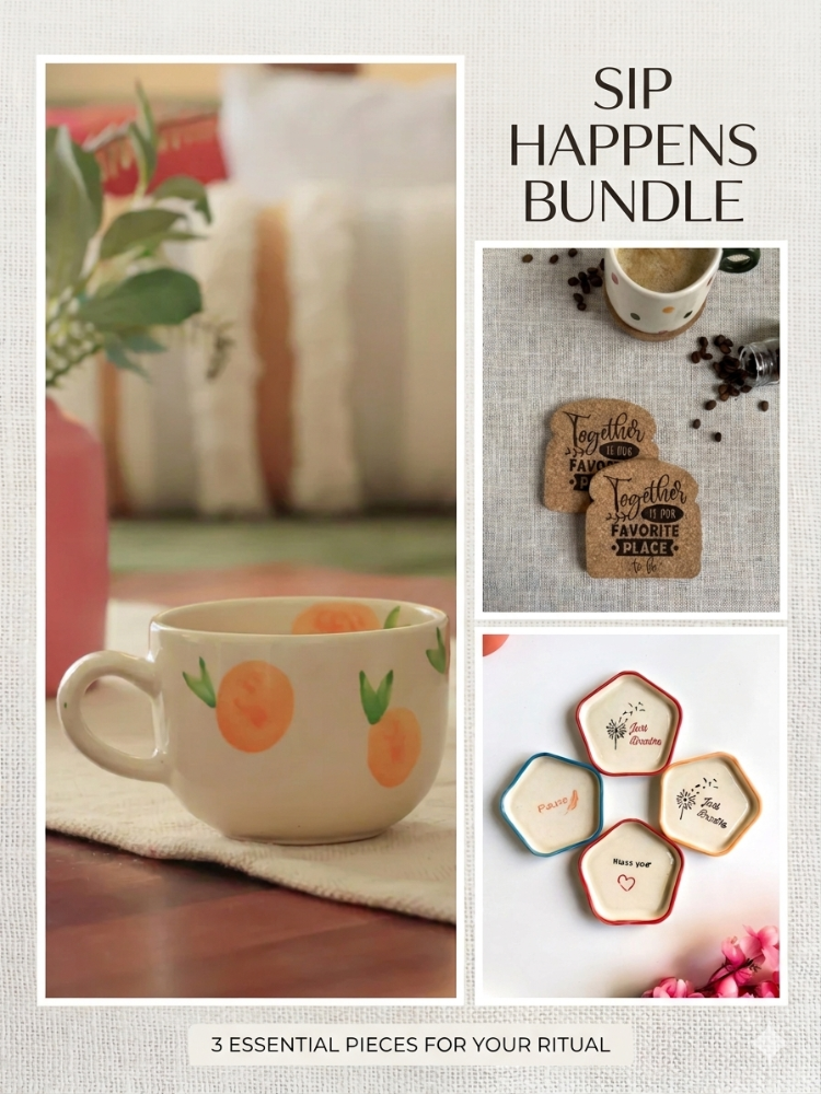 Sip Happens Bundle by Karigreh featuring handcrafted ceramic mugs, trinket plates used as coasters, and cork coasters arranged in a cozy lifestyle setting for coffee and tea lovers