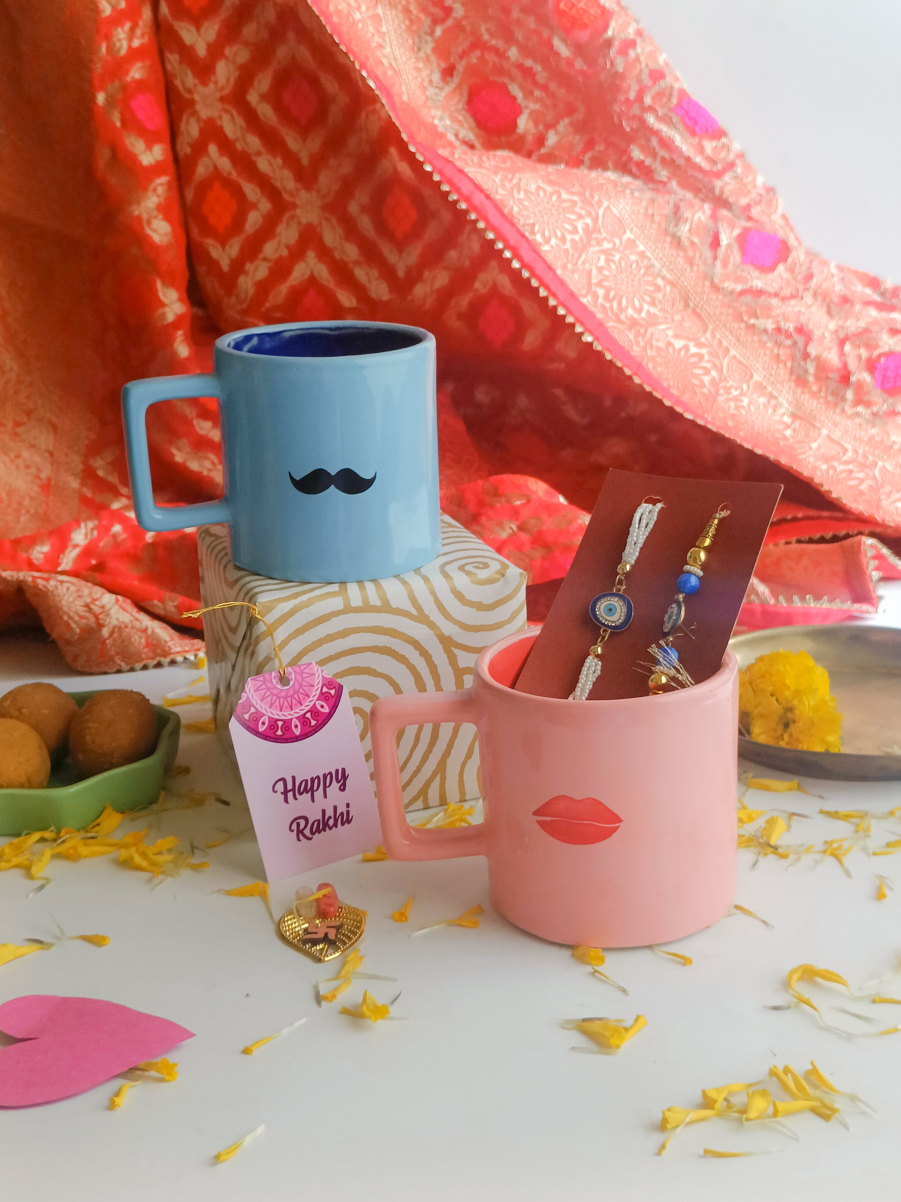 Sweet Bhabhi pink mug and Adorable Bhaiya blue mug Rakhi gift set
